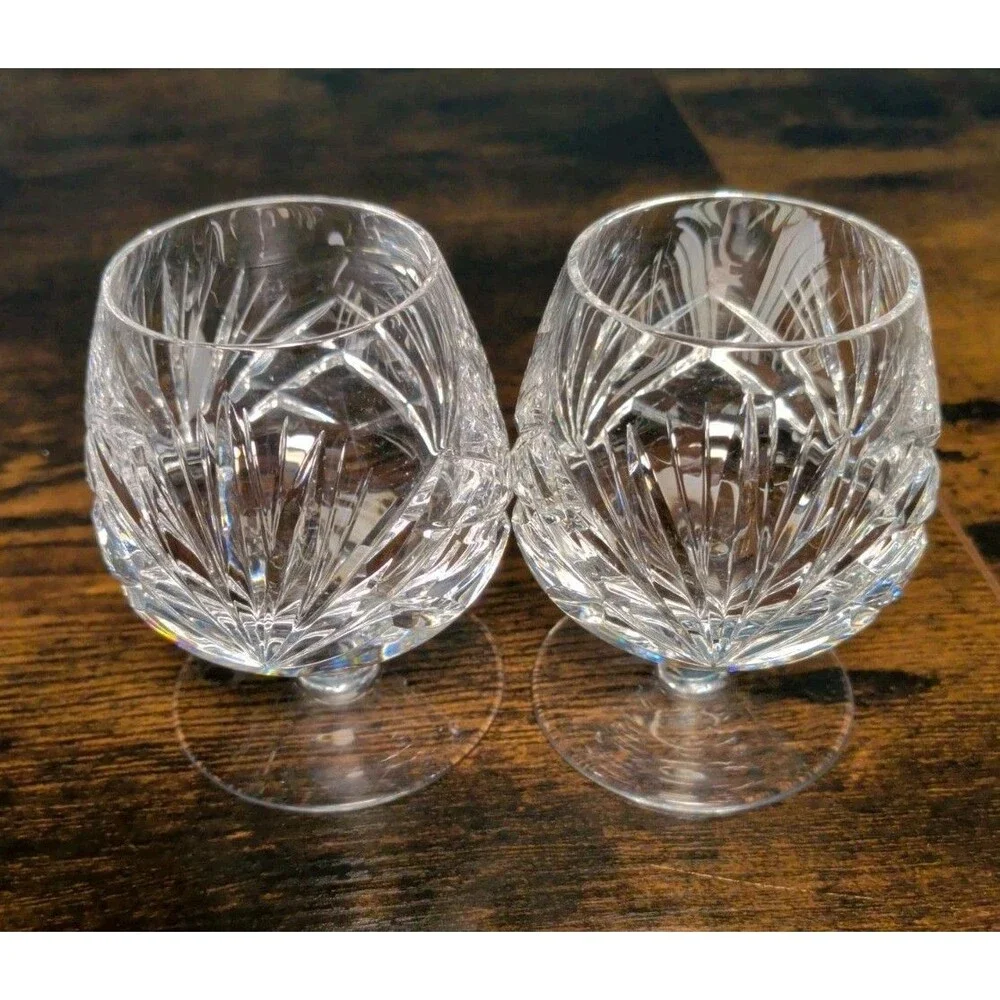 2 Crystal Cut Criss Cross Fan Cherrywood Pattern Brandy Glass Snifter Beautiful